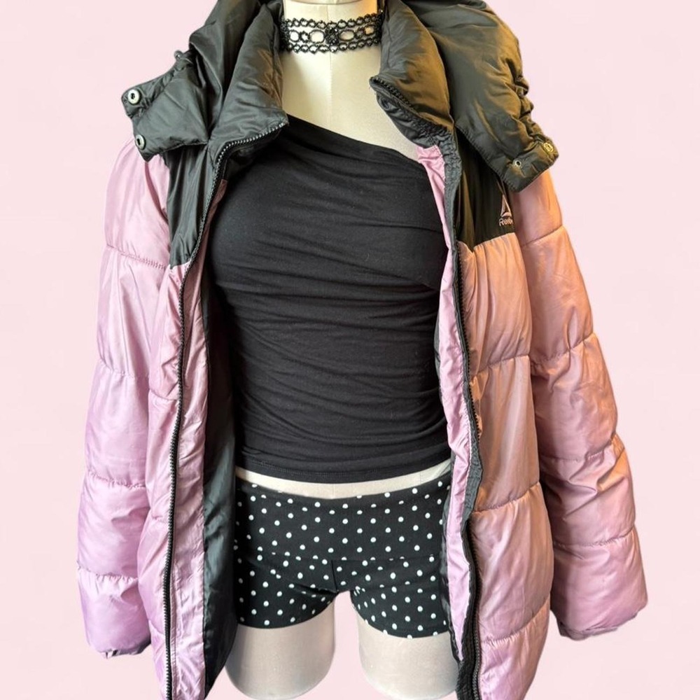Vintage Reebok puffer jacket in a soft mauve pink and black colorway